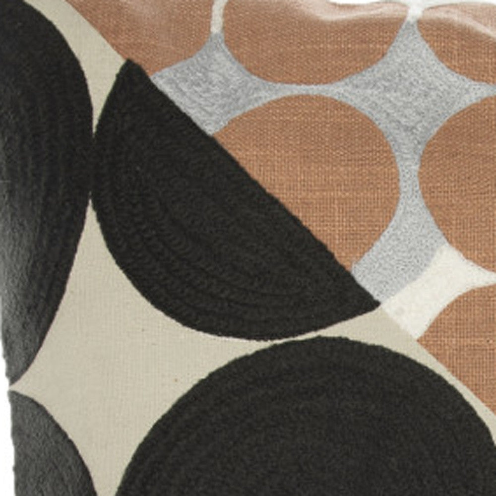 20" Beige and Black Geometric Cotton Throw Pillow With Embroidery