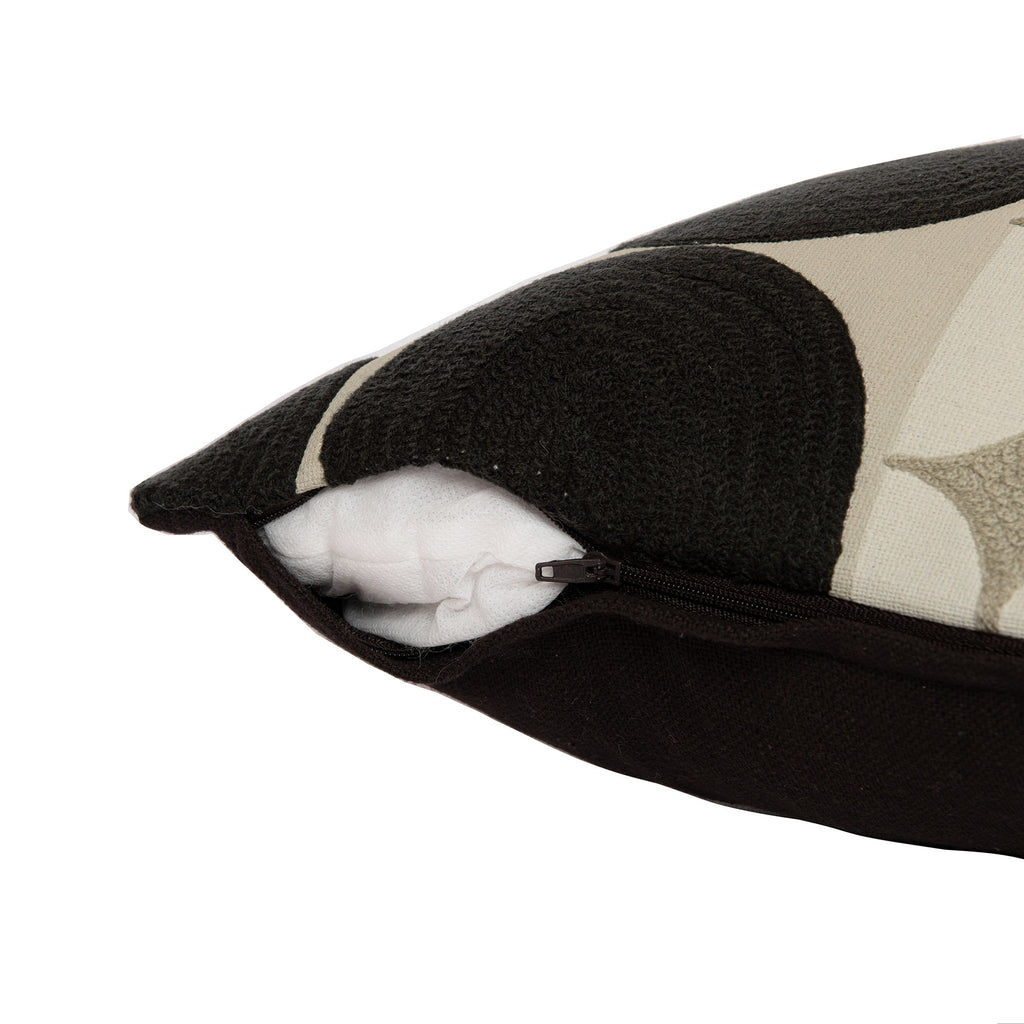 20" Beige and Black Geometric Cotton Throw Pillow With Embroidery