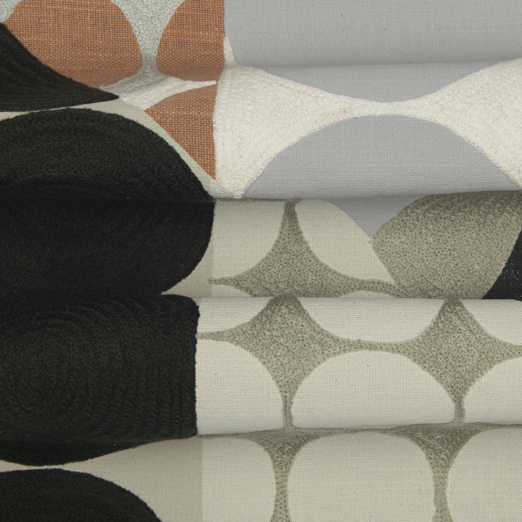 20" Beige and Black Geometric Cotton Throw Pillow With Embroidery