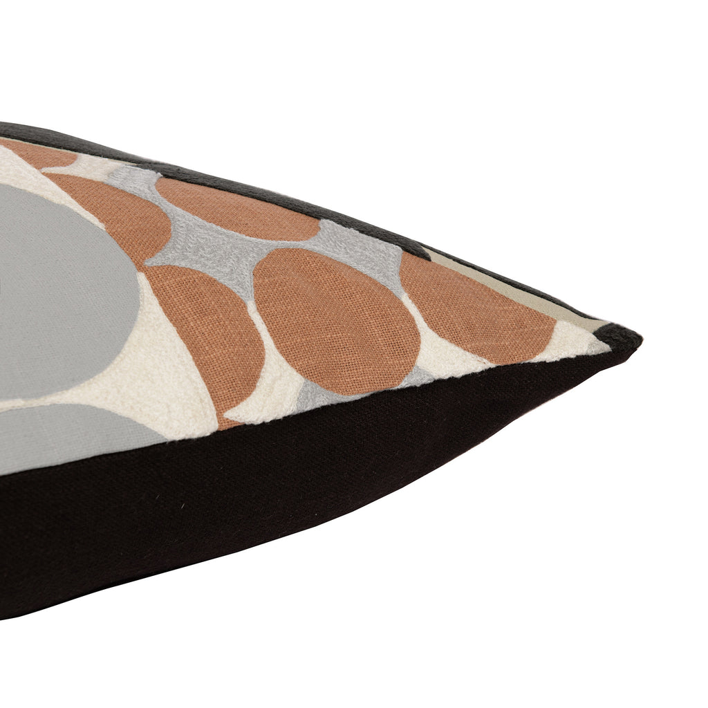 20" Beige and Black Geometric Cotton Throw Pillow With Embroidery