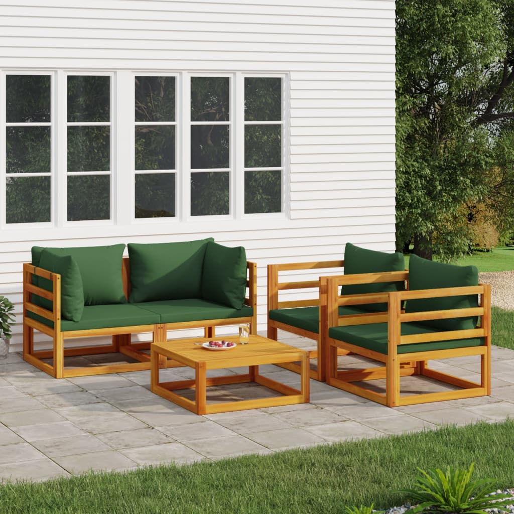vidaXL 5 Piece Patio Lounge Set with Green Cushions Solid Wood